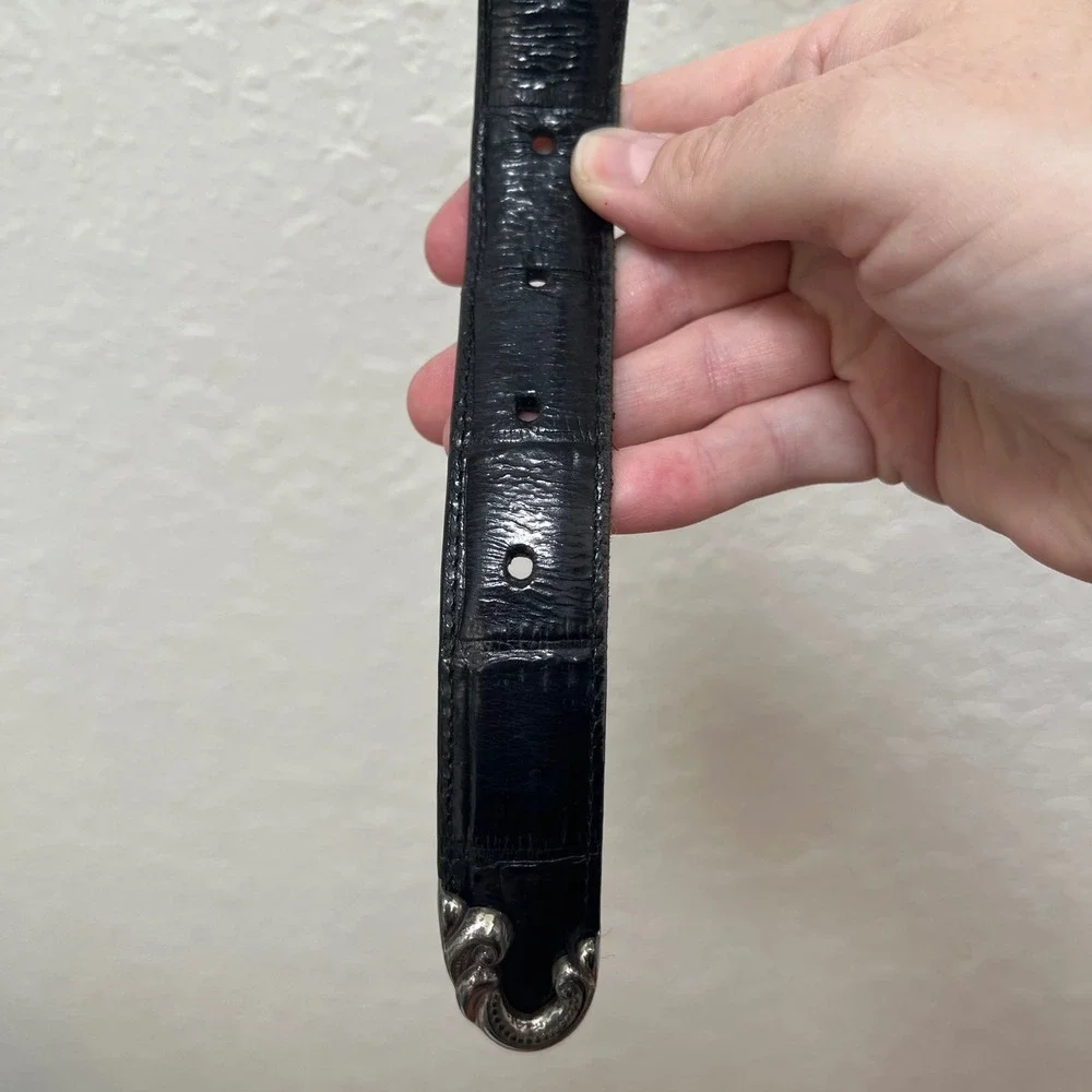 Brighton Womens Black Croc Embossed Leather Western Belt‎ Silver Buckle L Boho